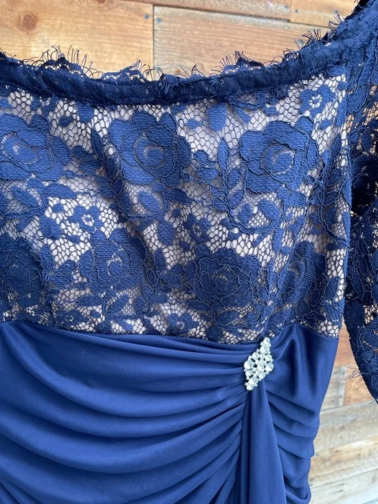 Betsy & Adam Navy Off-Shoulder Lace Evening Gown - Picture 3 of 5